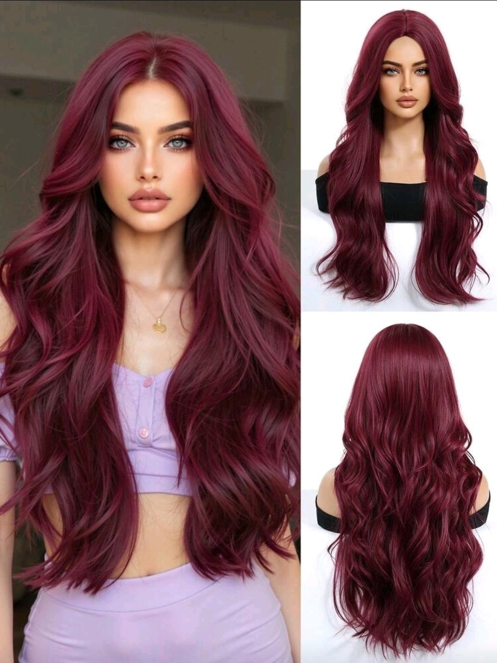 26" Wavy Burgundy Middle Part Women’s Synthetic Hair Wig - Deep Wine Red